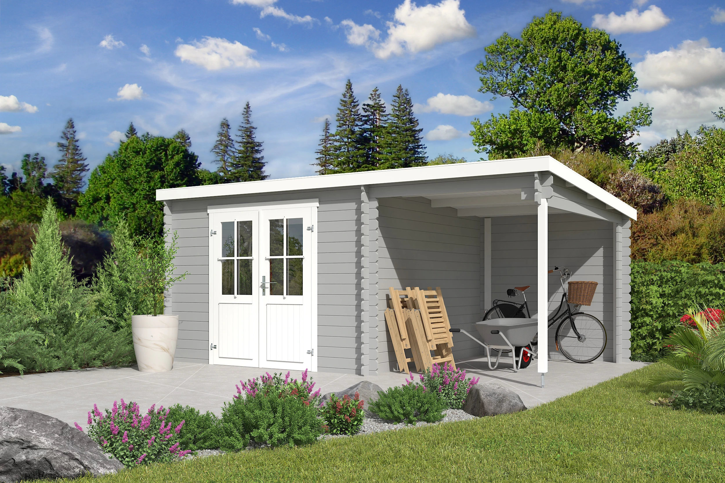 Outdoor Life Blokhut Tampa met Overkapping Platinum Grey-Wit 550 x 250 cm - Afbeelding 1